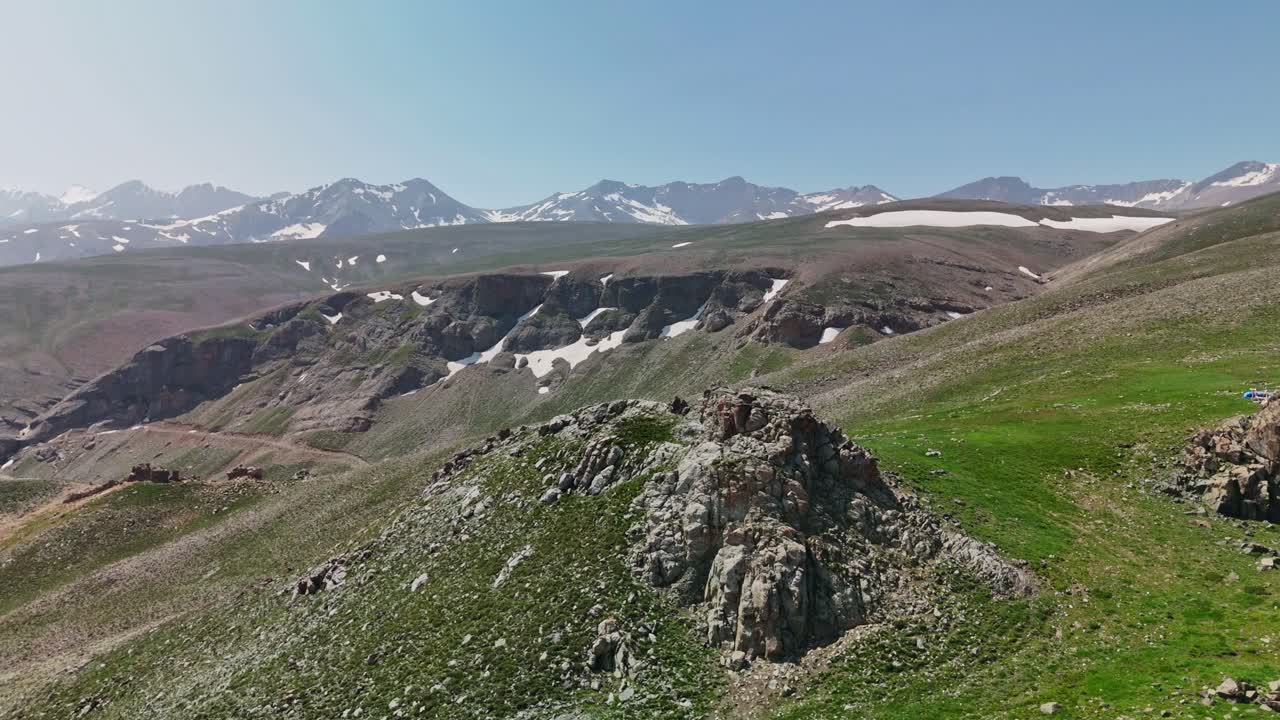 Vast mountain landscape in Cappadocia, Turkey with clear skies
