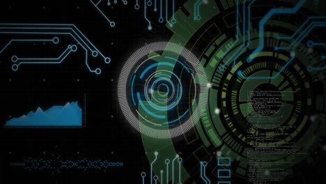 Animation-of-round-scanner,-microprocessor-connections-and-data-processing-on-black-background