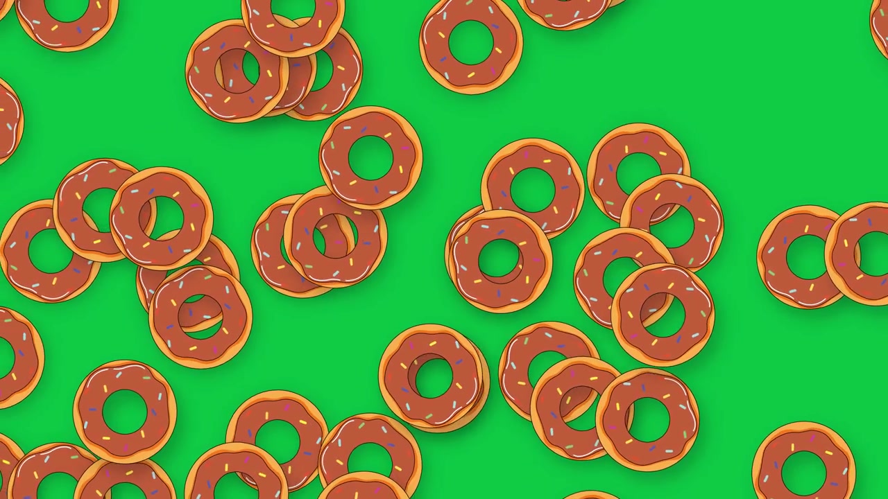 Những chiếc bánh donut 2D phẳng có rắc cốm màu trôi chậm rãi trên nền màn hình xanh lá cây rực rỡ