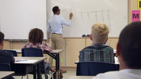 schoolgirl writing on whiteboard in front class, shot on r3d