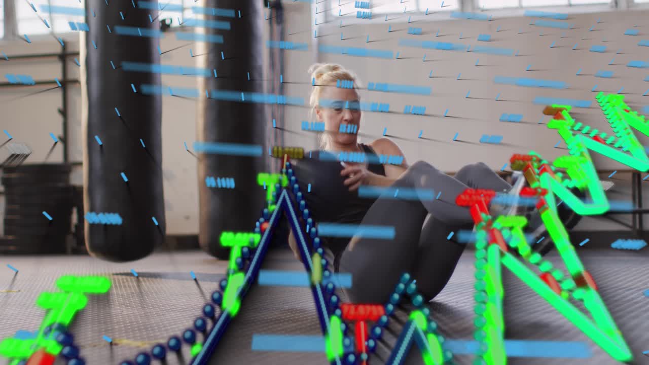 Woman performing Russian twists in gym for fitness, medicine ball rotation initiating data graphs