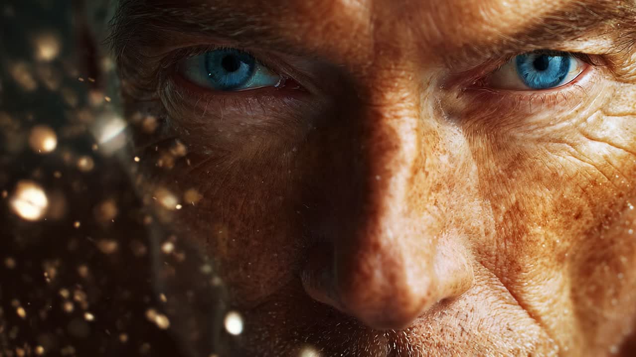 Intense Close-Up of an Individual's Face with Striking Blue Eyes and Textured Skin, Surrounded by a Dreamy Background of Sparkling Particles and Light Flare