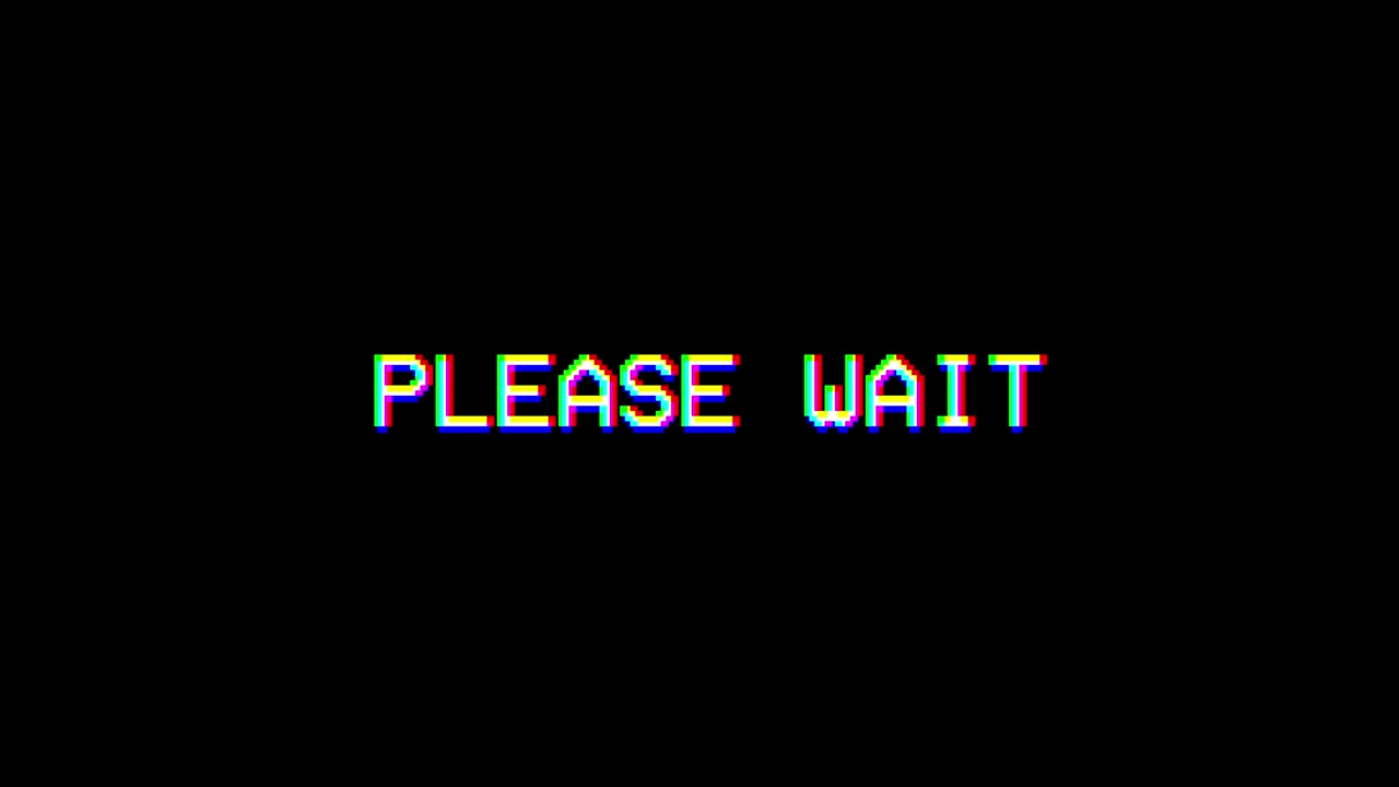 Retro Pixelated Please Wait Message with Glitch Effect