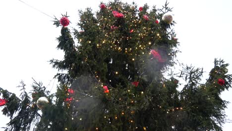 bottom to top view of tallinn's christmas market christmas tree while snowing and snowflakes getting on to camera lens.