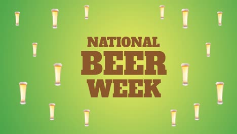 Animation-of-national-beer-week-text-and-multiple-pint-of-beer-over-green-background