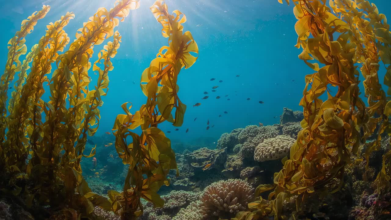Camera che scivola attraverso una foresta di alghe, con enormi fronde di kelp che ondeggiano e rivelano una barriera corallina e pesci