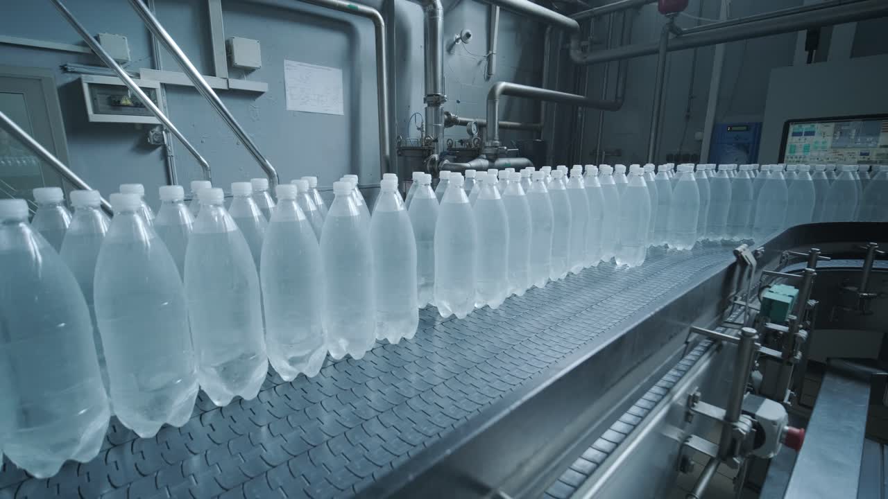 cinta transportadora con botellas de agua potable en una planta de bebidas moderna