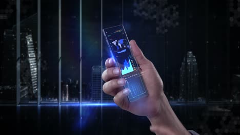 teléfono móvil futurista en la mano contra un fondo generado digitalmente