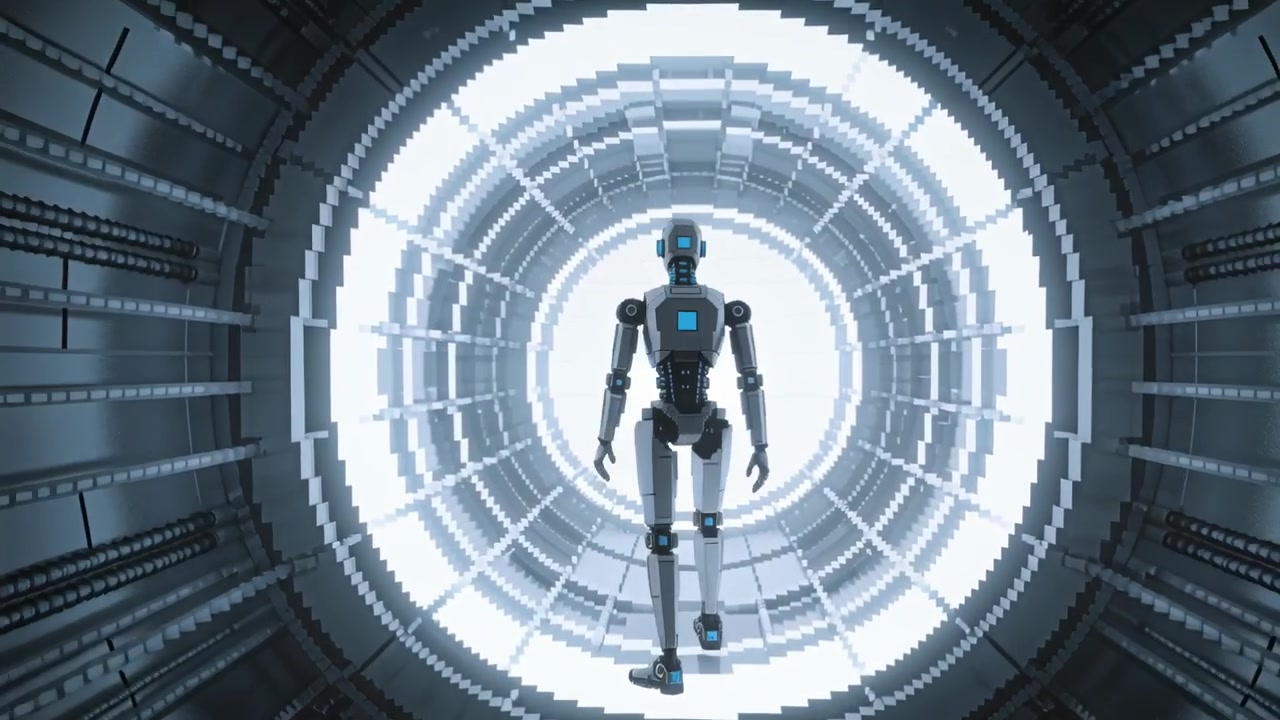 Robot che reagisce al bagliore del portale, si gira e avanza verso il nucleo in un tunnel di metallo, mostrando il petto luminoso.