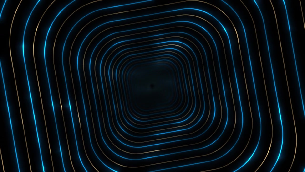 Rounded neon square tunnel visual with blue and gold glowing paths dark center depth and smooth