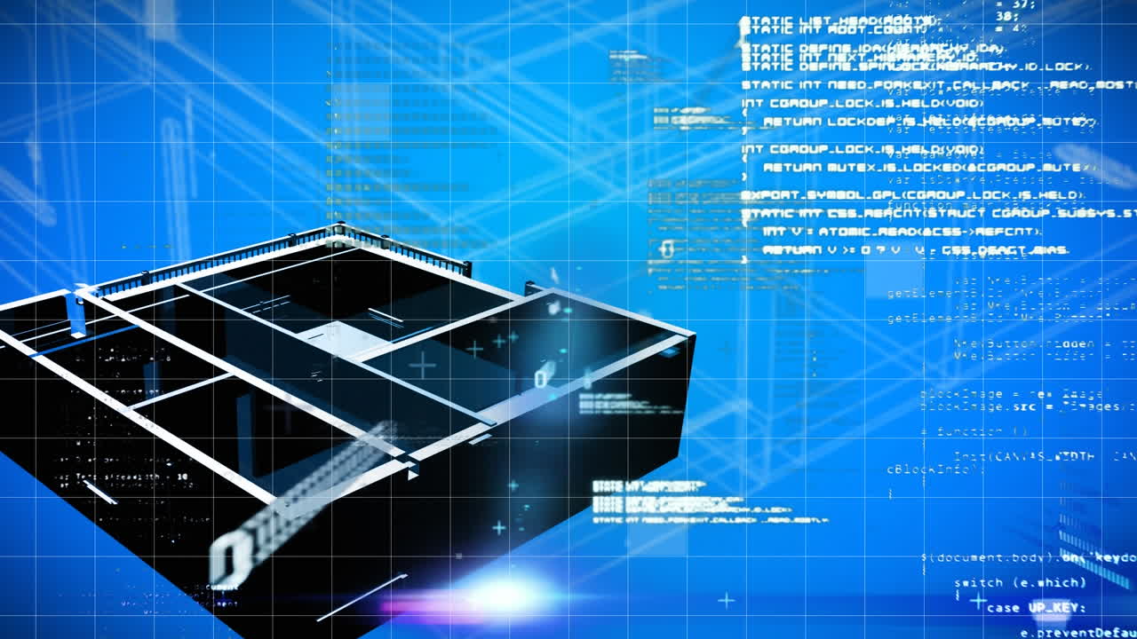 파란색 배경에 회전하는 3d 하우스 모델에 대한 데이터 처리의 디지털 애니메이션