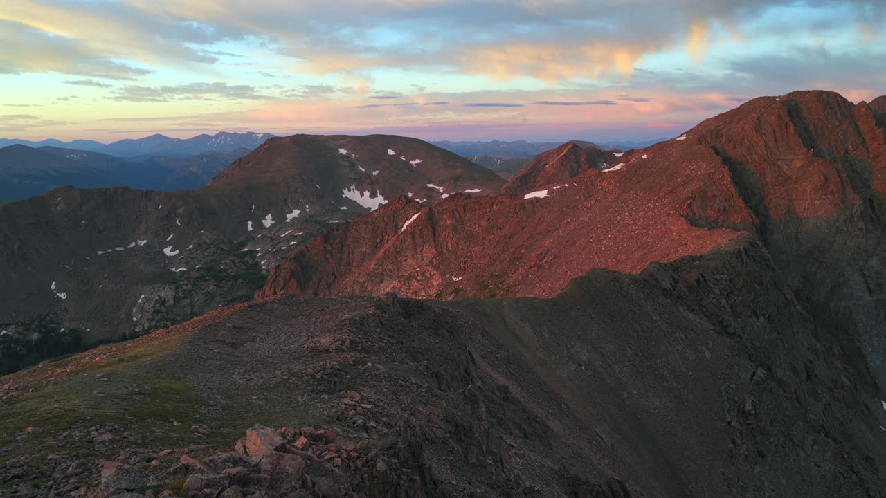 Halo Ridge last light golden hour sunset Tuhare Lakes Constantine Lake Notch Mountain spring summer aerial drone Colorado Mount of the Holy Cross Wilderness Sawatch Range Rocky Mountains forward pan