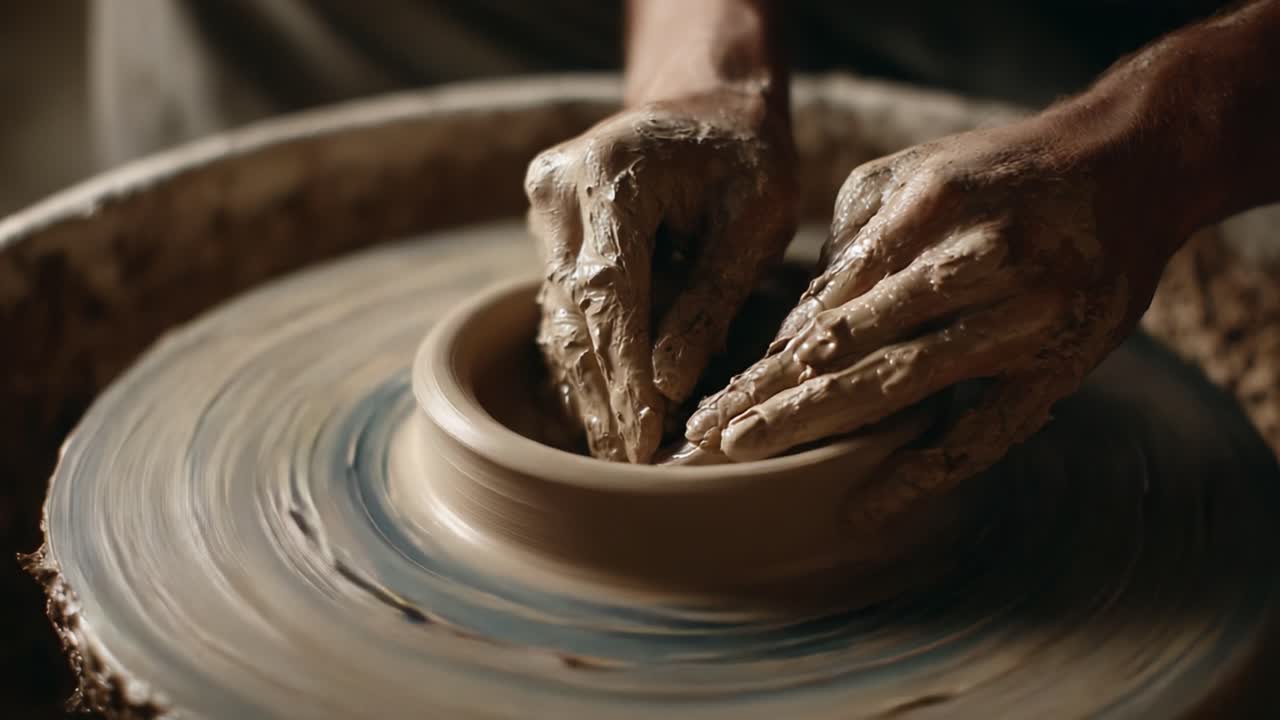 Padroneggiare l'arte della ceramica: Un approccio mirato alla lavorazione al tornio mentre mani esperte modellano l'argilla in un'elegante ciotola, catturando l'essenza dell'artigianato e della tradizione in ogni movimento