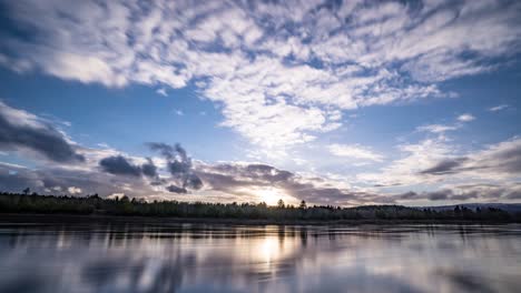 Sunset-over-the-Nmasen-river,-near-the-town-of-Namsos,-Norway