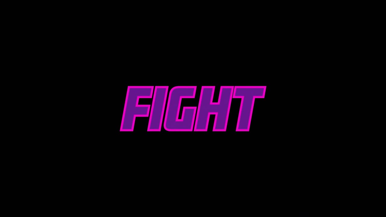After pause, magenta rectangles sliding and overlapping forming neon FIGHT with glitch effect