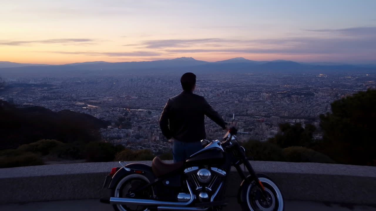 Uomo e motocicletta con vista su una città al tramonto