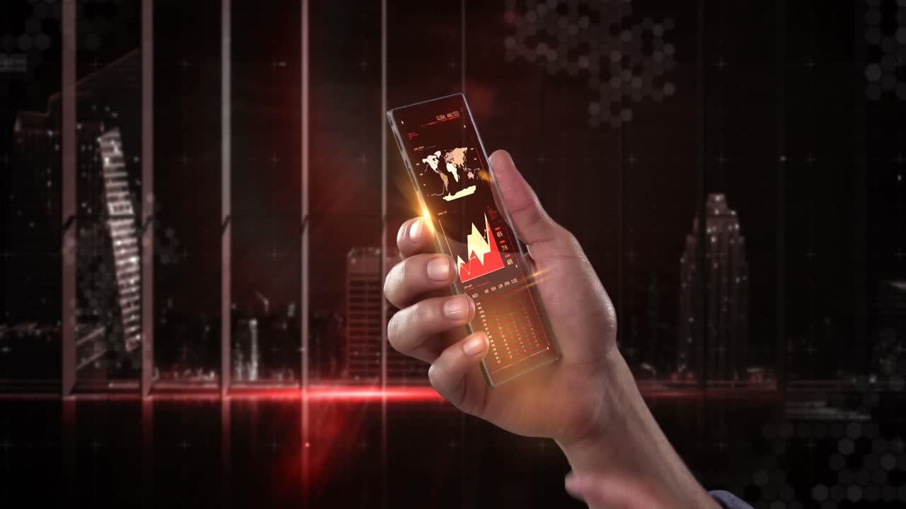 teléfono móvil futurista en la mano contra un fondo generado digitalmente