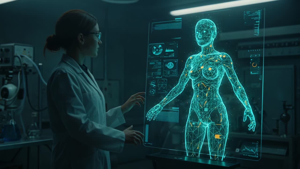 A Scientist Engages with a Holographic Representation of the Human Anatomy in a High-Tech Laboratory Environment, Exploring Advanced Medical Research and Innovations