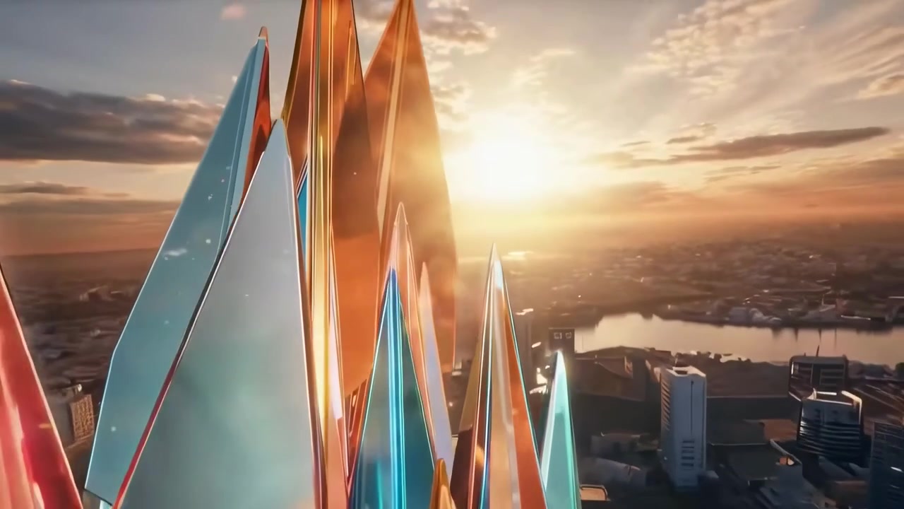 Formas Geométricas Abstratas Dinâmicas em uma Cidade Vibrante ao Pôr do Sol