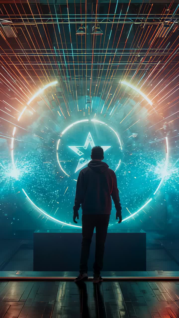 Vertical video: Stepping onto platform man activating portal at lab, with glowing star particles