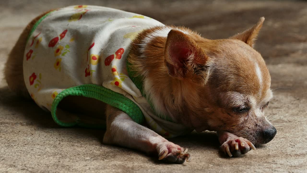 chihuahua descansando en el suelo de hormigón