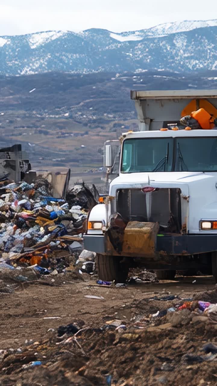 Un camion della spazzatura che raccoglie rifiuti in un paesaggio montuoso, evidenziando le sfide della gestione dei rifiuti e l'impatto ambientale nella società contemporanea