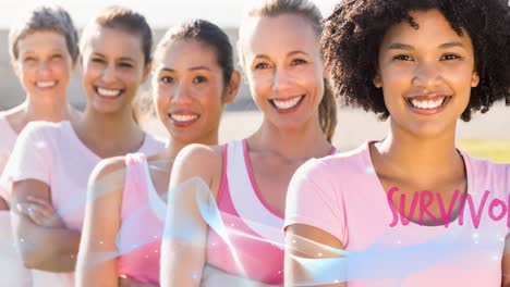 animation of pink survivors text and blue wave over diverse group of smiling women