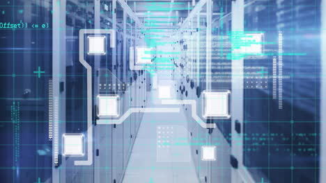 animación del procesamiento de datos a través de la red de red contra la sala de servidores de computadoras