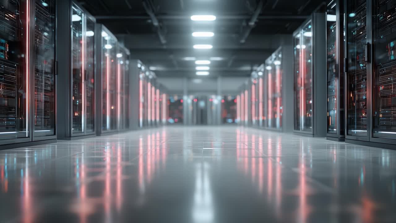 Et højteknologisk datacenterinteriør med rækker af servere udstyret med kraftig LED-belysning, designet til effektiv databehandling og lagringsløsninger