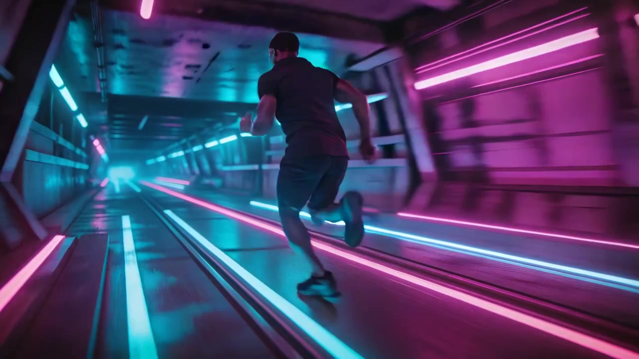 Muž v tmavé čepici a botách se vrhá vpřed a sprintuje neonovým tunelem, vrhajíc purpurově azurovou záři.