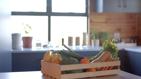 Crate-of-organic-vegetables-on-countertop-in-sunny-kitchen,-slow-motion