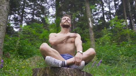 man exercising in the forest.