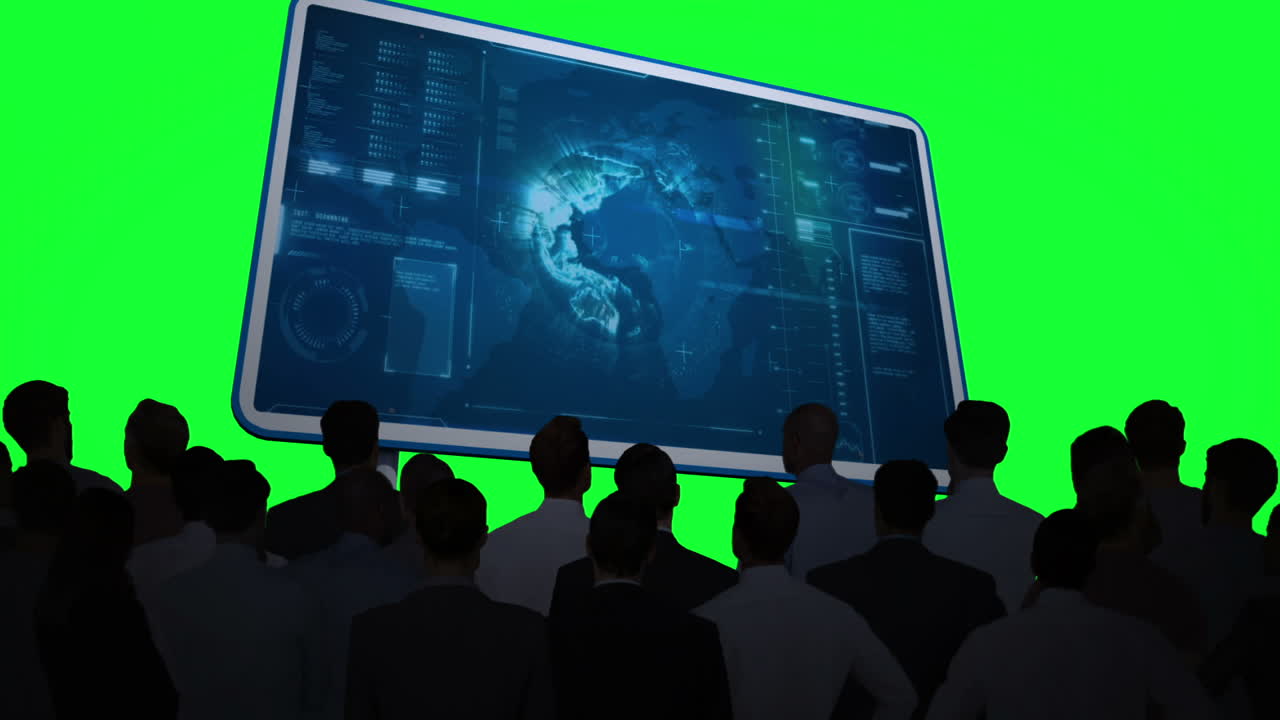 사업가 들 이 광고판 에 있는 데이터 인터페이스 를 보고 있다