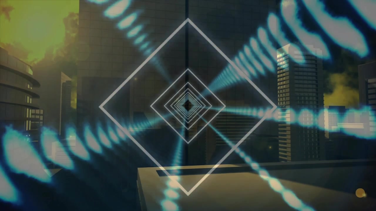 Roterende neontunnel viser indlejrede diamantkonturer og fire pulserende stråler over en taglinje.