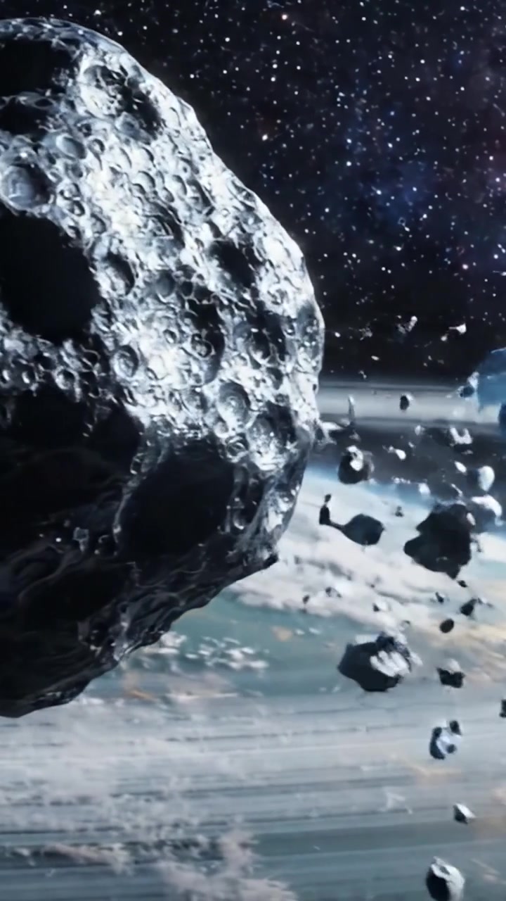 Una spettacolare vista cosmica di un maestoso asteroide che passa vicino a un lontano pianeta simile alla Terra, circondato da stelle e fenomeni cosmici nello spazio profondo.