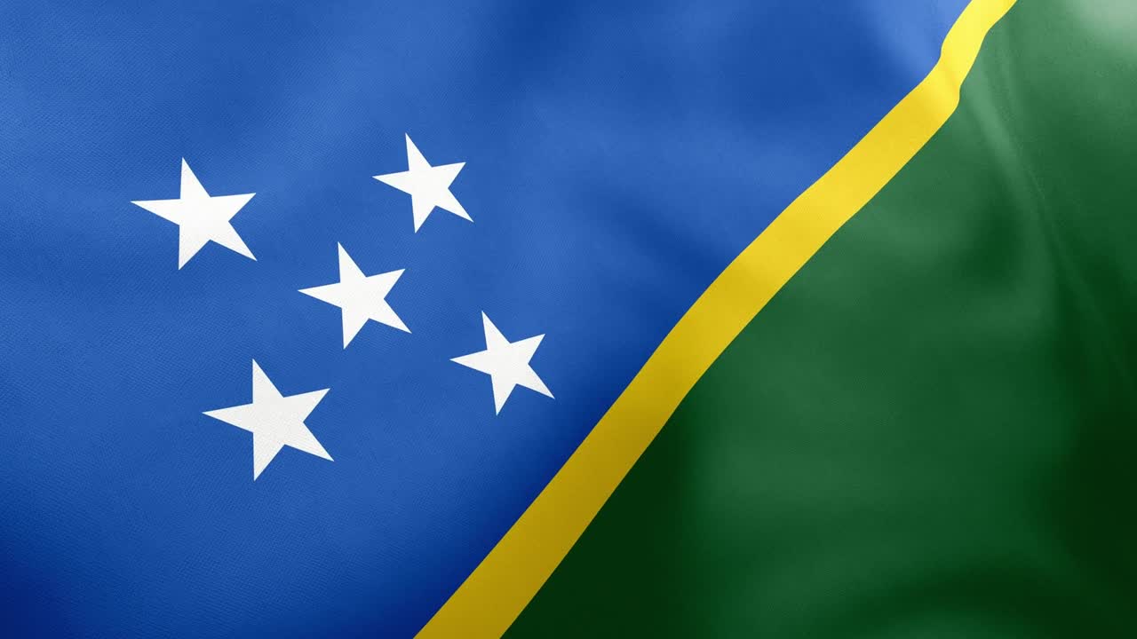 Realistic animation of Solomon Islands flag waving. Blue green triangles yellow diagonal five white stars. Seamless loop national pride Solomon Islands
