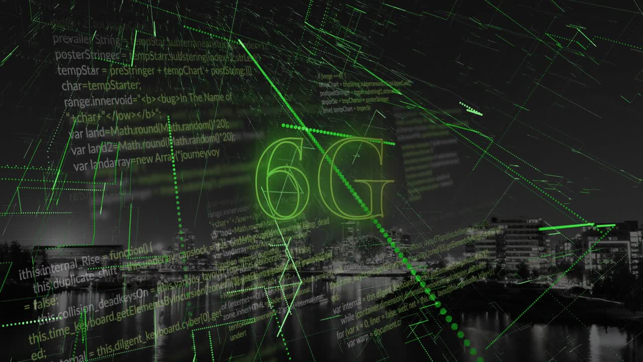 animación de texto 6g, paisaje urbano y procesamiento de datos.