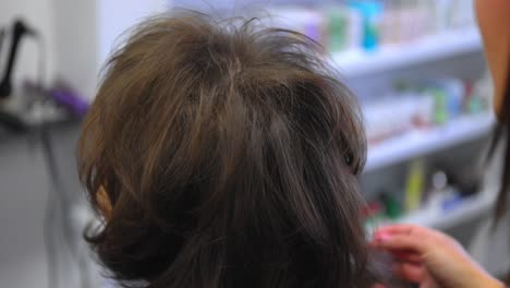 female hair stylist styling a female customers hair in a salon studio, shot over the shoulder