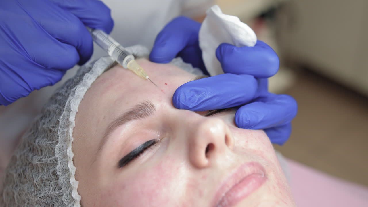 Iniezione di Botox, primo piano delle mani di un medico cosmetologo con guanti di gomma blu che esegue iniezioni multiple