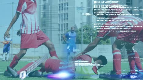 spot of lights and data processing against team of male soccer players celebrating a goal