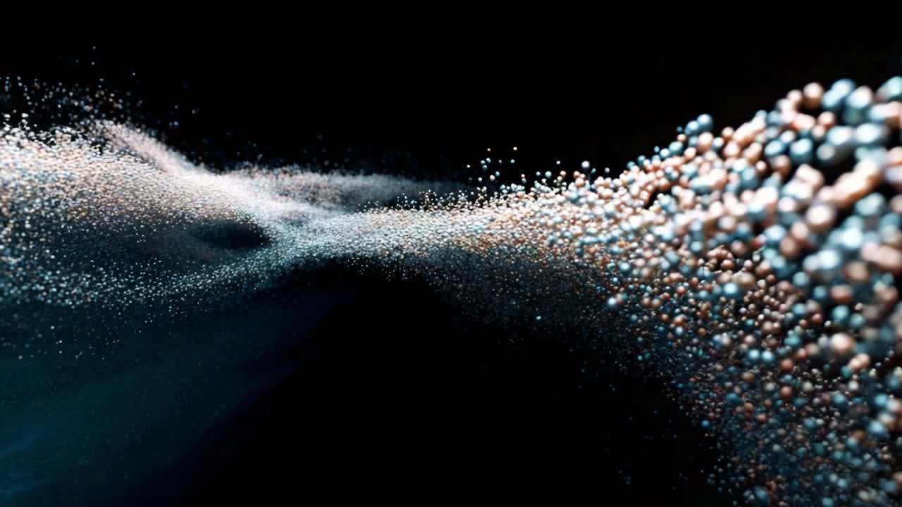 A captivating visual exploration of dynamic motion featuring a mesmerizing flow of tiny particles suspended in mid-air, creating an ethereal, dreamlike wave-like effect against a dark backdrop
