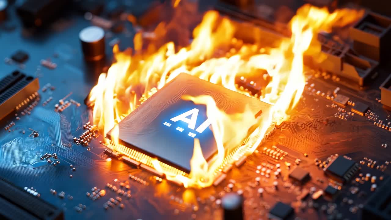 A computer chip on fire on top of a circuit board