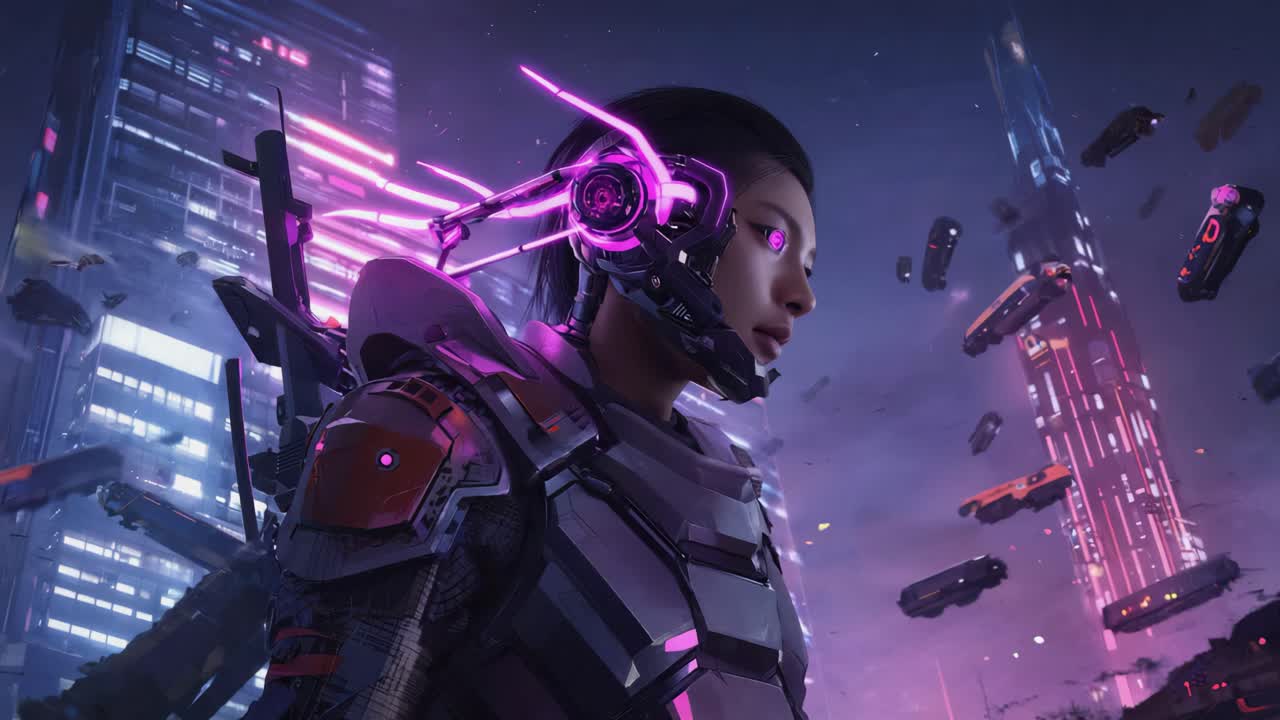 Cyberpunk Woman with Glowing Headgear in a Futuristic City