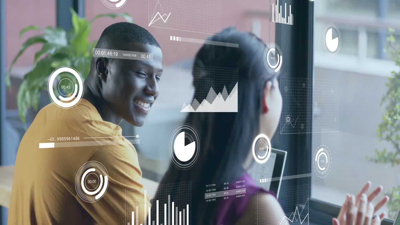 Animation of financial data processing over diverse businesspeople in office