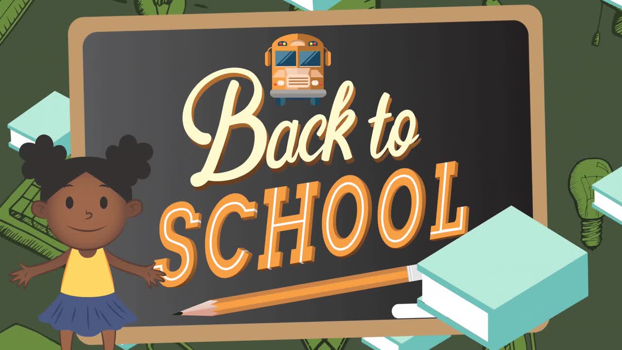 Animation of back to school text on blackboard over school items icons on green background