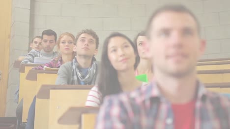 Animation-of-light-background-over-diverse-students-smiling