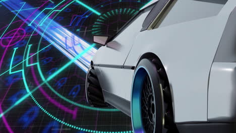 animación de un coche blanco futurista sobre escáner, luces y pantalla de interfaz en negro