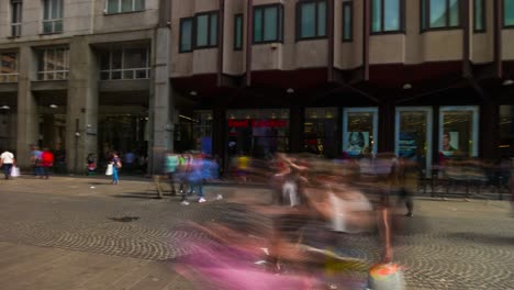 italy sunny milan city famous shopping street crowded rotating panorama 4k timelapse