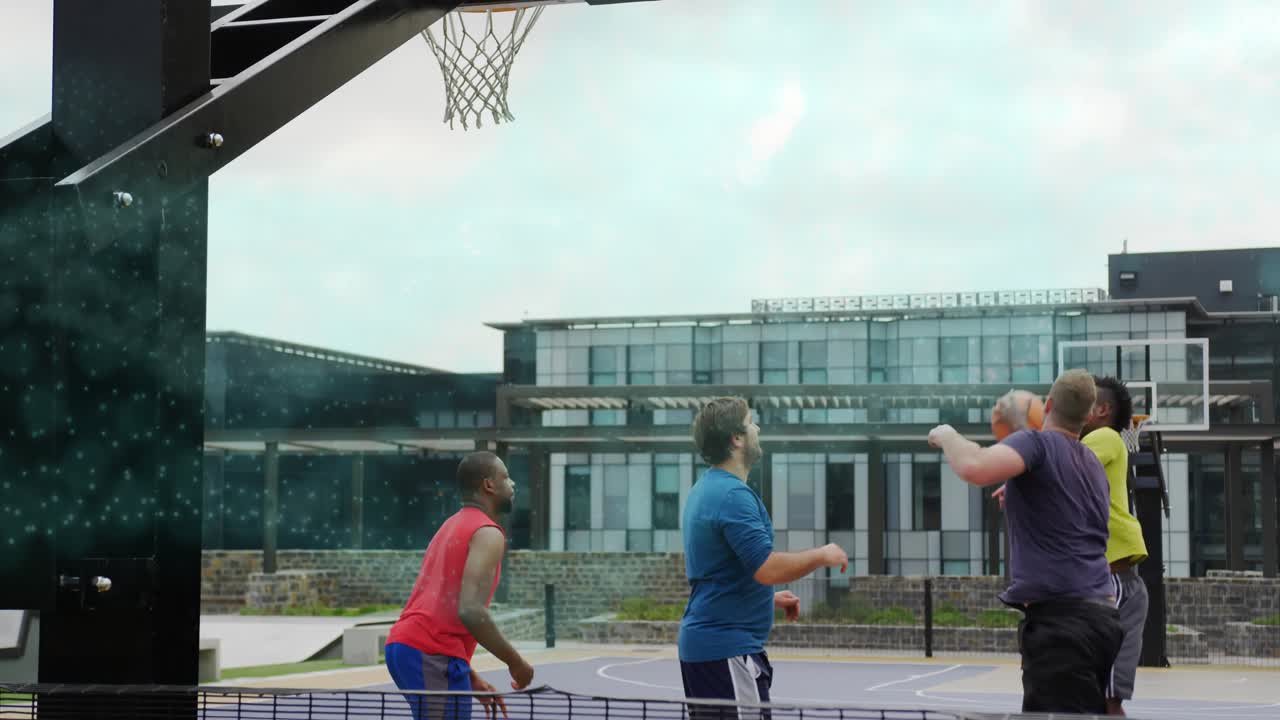 Four men vying on rooftop as ball bouncing off board, with animated arc showing basketball rebound