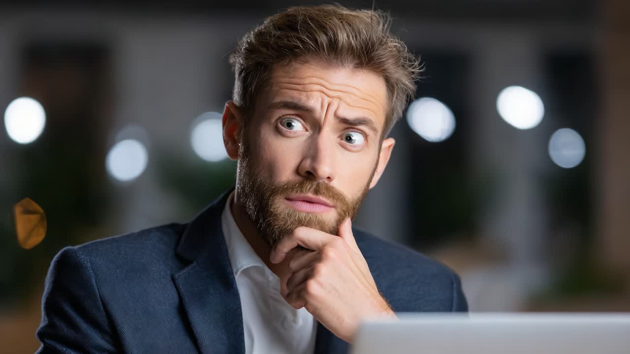 A Deeply Contemplative Man Stares intently at His Laptop Screen, Lost in Thought While Processing Information in a Dimly Lit Setting